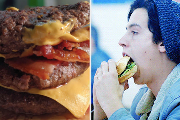 burger patties stacked with bacon and cheese and Jughead eating burger on