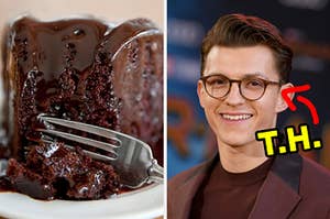 On the left, a fork cutting through a piece of ooey, gooey chocolate cake, and on the right, Tom Holland with an arrow pointing to him and "T.H." typed under his face