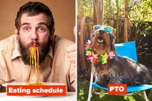 An image of a man eating spaghetti with the caption "Eating schedule" next to an image of a dog with sunglasses that says "PTO"