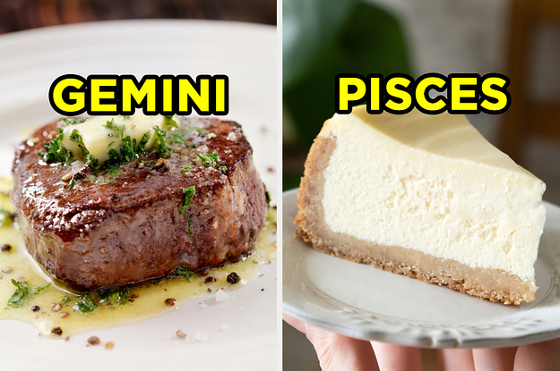 On the left, a steak topped with butter and herbs labeled "Gemini," and on the right, a slice of cheesecake labeled "Pisces"