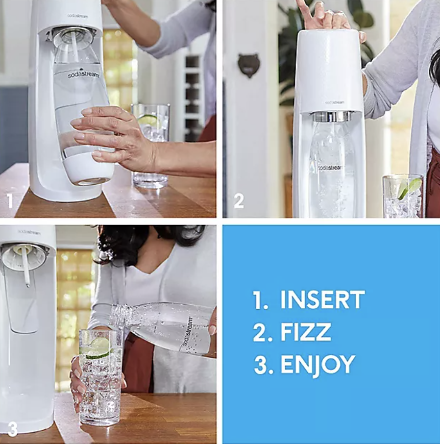 A person demonstrating how to use SodaStream in three steps