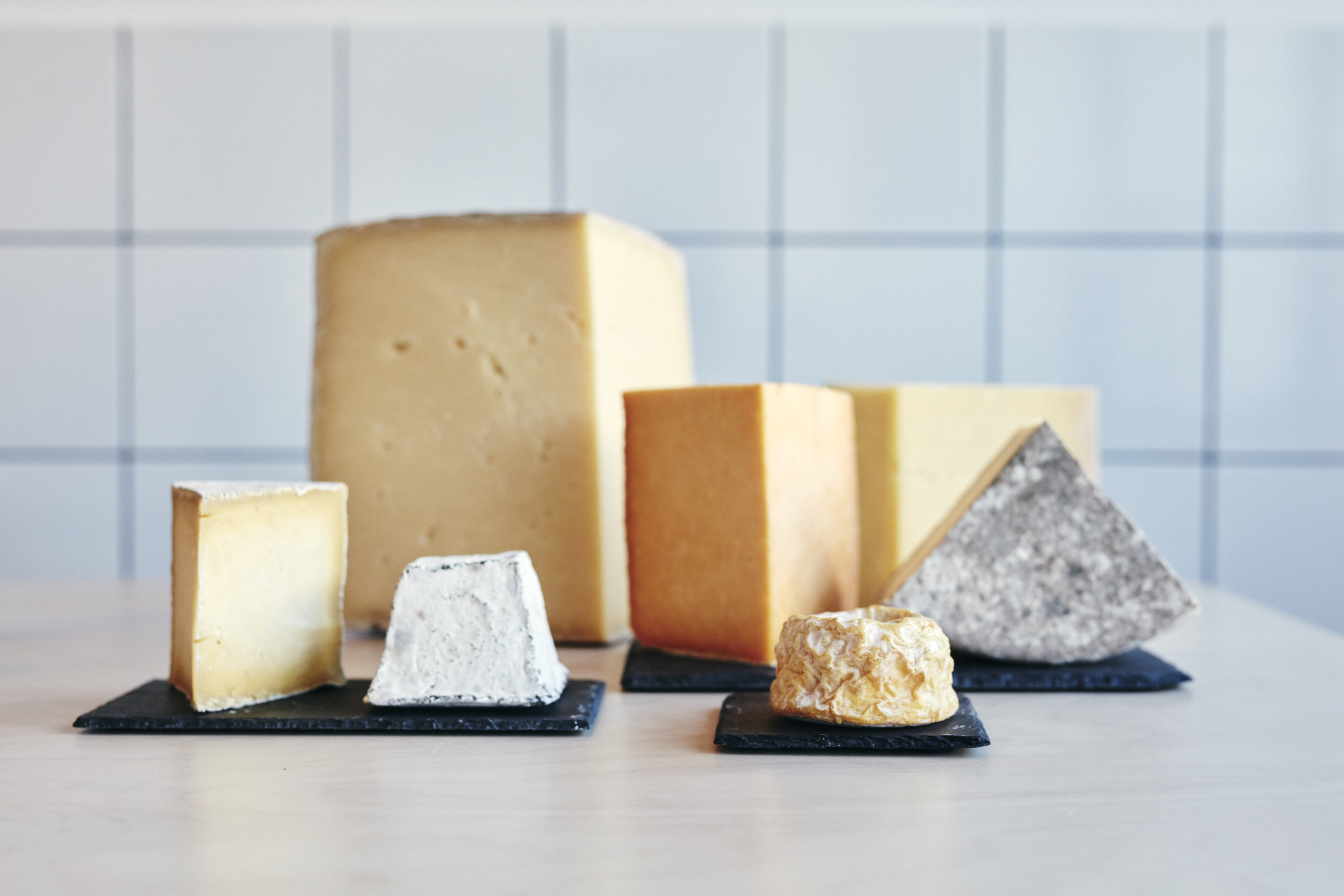 An array of large and small hard and soft cheeses on dark slabs on a table