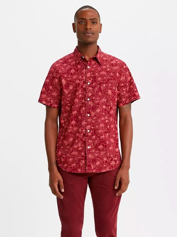 Male model wearing the floral red shirt