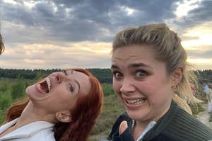 Scarlett Johansson and Florence Pugh goofing around on the set of Black Widow