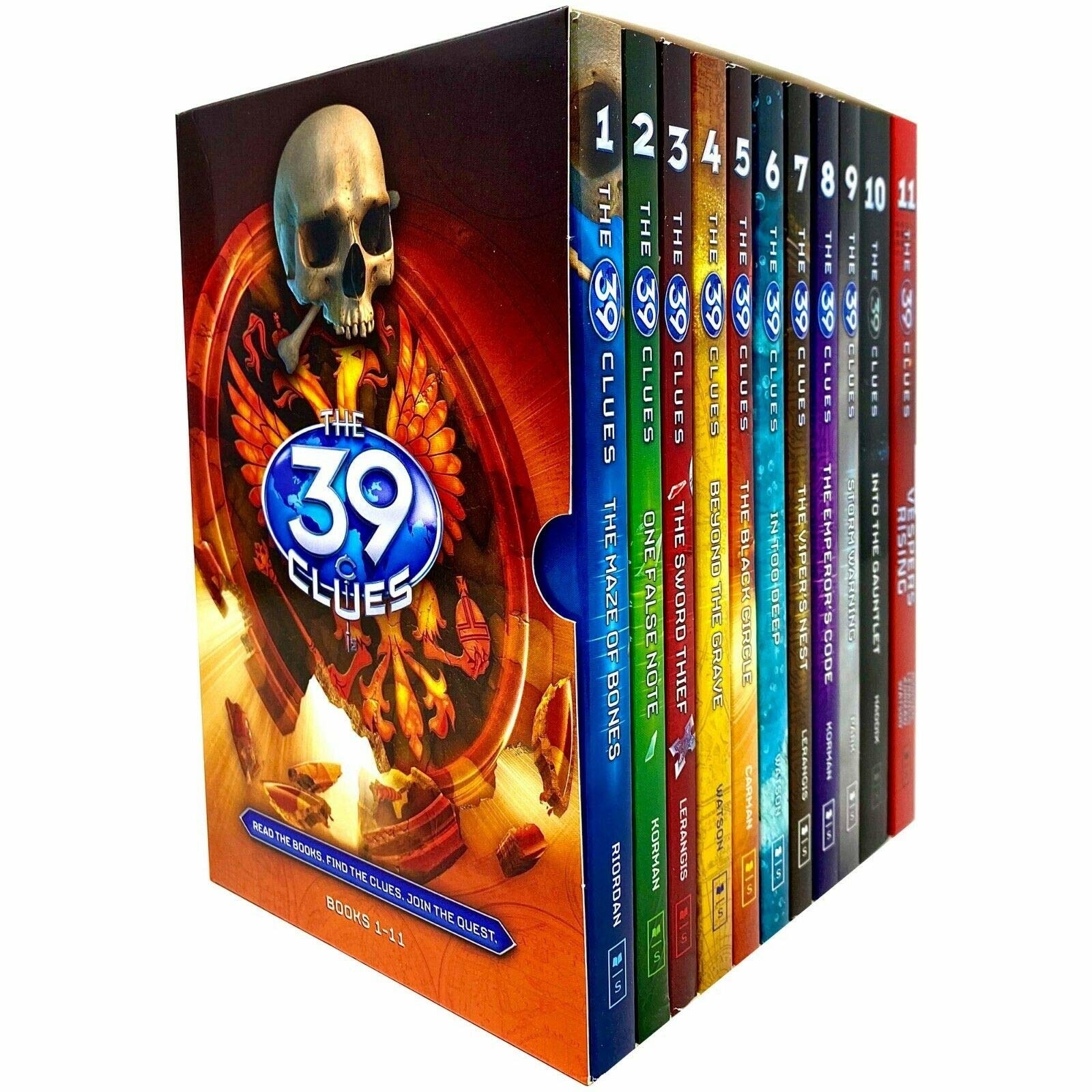 Box set of 39 Clues series with colorful spines on display. Front image is a skull and other orange objects