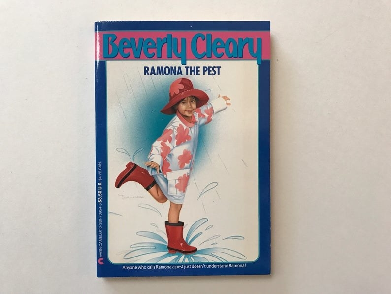 Ramona the Pest book cover from 1992 featuring a young girl splashing in a puddle