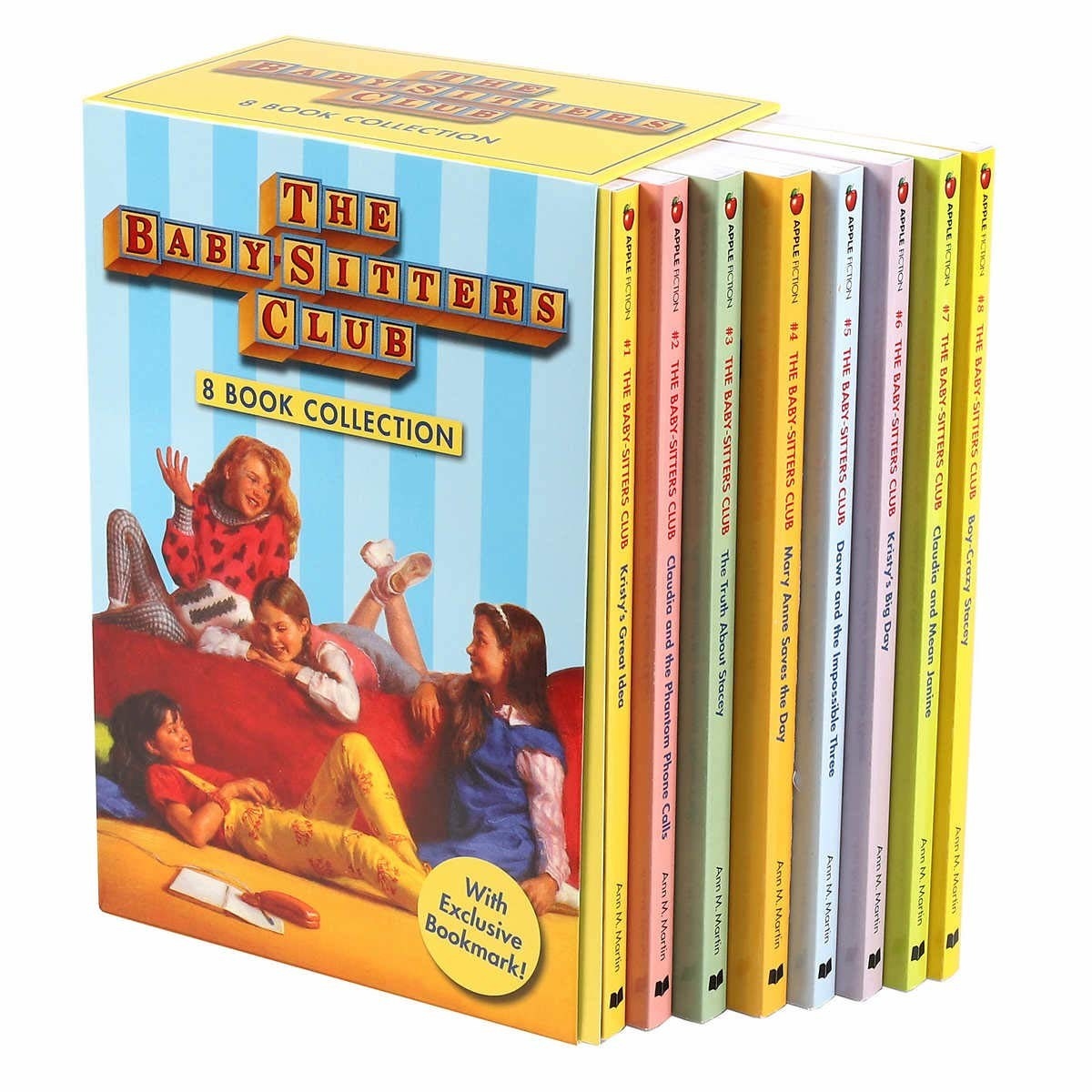 Baby-Sitters Club box set with colorful spines, cover featuring girls chatting in bedroom