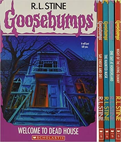 Box set of Goosebumps books, showing Welcome to Dead House, featuring a creepy and decrepit house