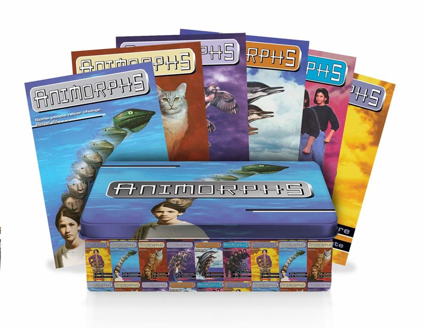 Tin set of Animorphs books, showing frog, cat, dolphin and other animals