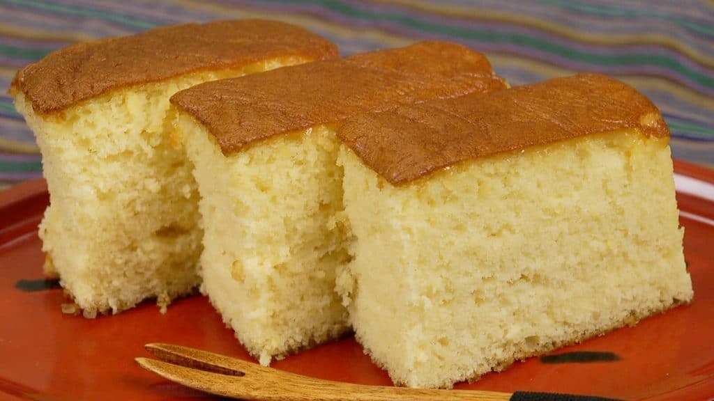 Slices of fluffy Kasutera sponge cake.