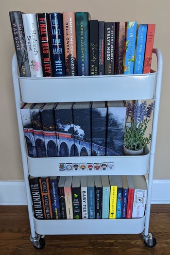 a reviewer photo of the cart filled with books 