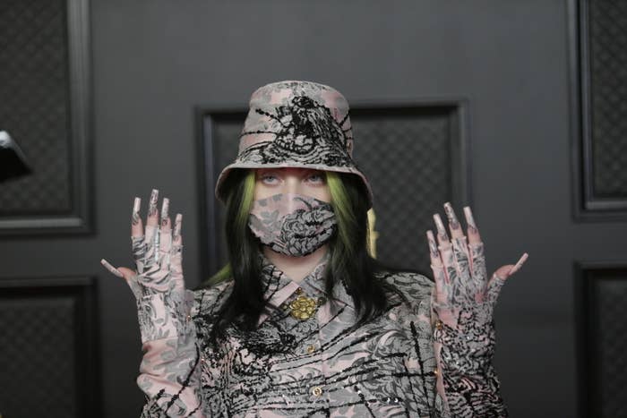Billie Eilish is photographed at the Grammy Awards showing off her elaborate nails