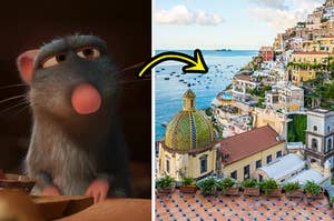 remy from ratatouille on the left and the amalfi coast on the right