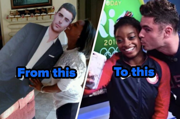 Simone Biles kissing her Zac Efron cardboard cutout on the cheek and Zac Efron kissing her on the cheek in real life