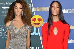 Mj Rodriguez wears a big curly wig and silver off the shoulder dress and Mj Rodriguez wears a long red gown.
