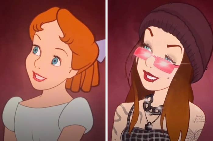The classic wendy from peter pan side by side with Lexis&#x27; wendy, with tattoo, wearing a bean, tiny singlasses, and a spaghetti strap crop top