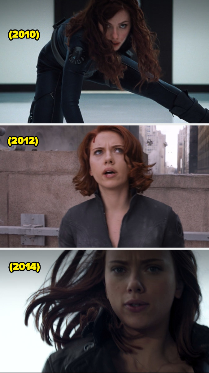 Natasha wearing her hair down in various Marvel clips over the years