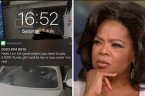 A spam text with spelling errors and Oprah looking confused 