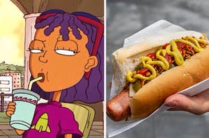 An animated teen is on the left drinking a soda with a hot dog and toppings on the right