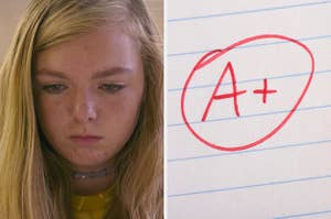 On the left, Elsie Fisher looking down and concentrating as Kayla in "Eighth Grade," and on the right, an A plus grade circled on a piece of paper