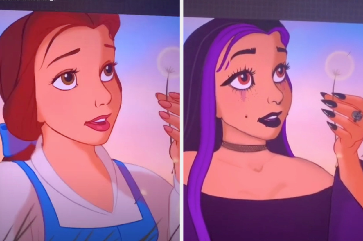 The classic Belle side by side with Lexis&#x27; Belle, who has long pointy fake nails, a choker, gothic makeup, and streaks in her hair