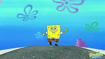Spongebob walking happily down the street
