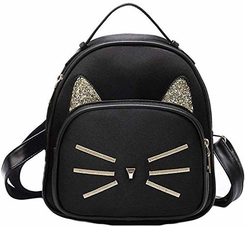 A small backpack in black that has gold cat like ears and whiskers printed on it in gold