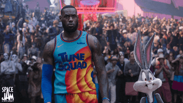 LeBron James and Bugs Bunny look afraid in their basketball uniforms