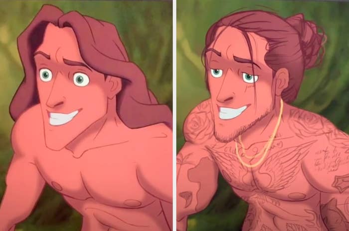 The classic Tarzan side by side with Lexis&#x27; Tarzan, who has tattoos all over his body, a gold chain, and a man bun