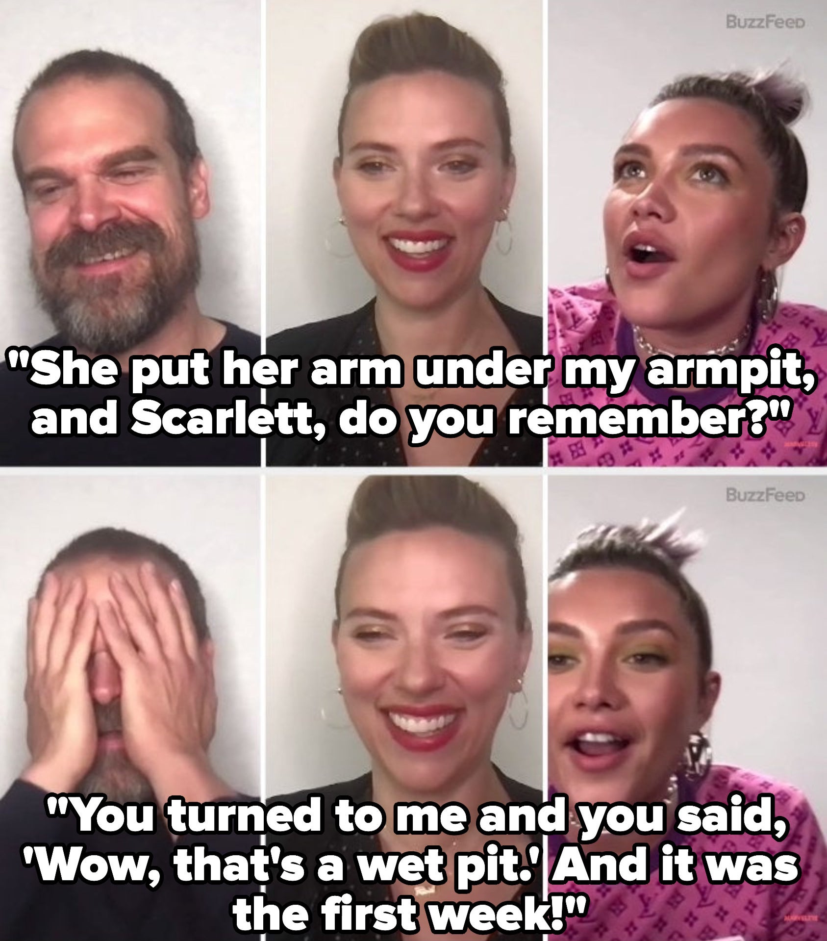 Florence, speaking with Scarlett and David Harbour: She put her arm under my armpit and said wow that&#x27;s a wet pit