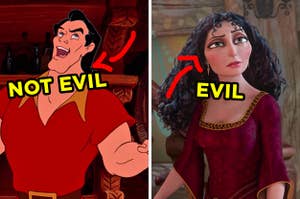 On the left, Gaston from "Beauty and the Beast" with an arrow pointing to his face and "not evil" typed under it, and on the right, Mother Gothel from "Tangled" with an arrow pointing to her face and "evil" typed under it