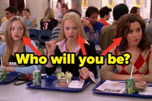 Karen, Regina, and Gretchen sit on one side of a lunch room table in their school cafeteria 