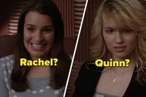 Rachel Berry smiles brightly while Quinn Fabray sits next to her with a confused expression on her face
