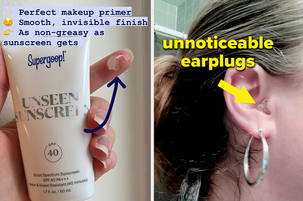 clear sunscreen with caption about non-greasy, invisible finish; reviewer with earplugs you can barely see