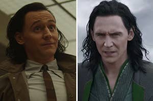 Loki leans backwards while arching his eyebrows and a close up of Loki with his brows furrowed