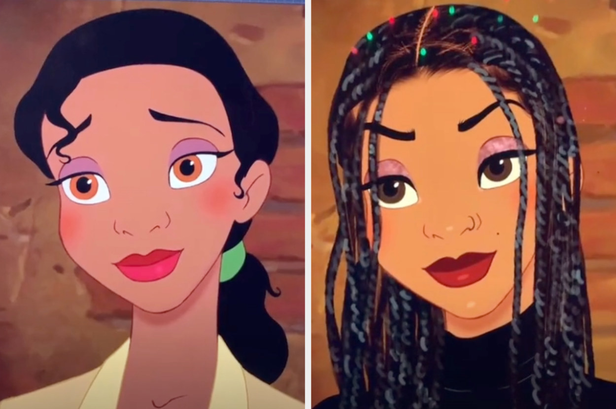 The classic Tiana side by side with Lexis&#x27; Tiana, who has modern makeup, braids, and is wearing a turtleneck