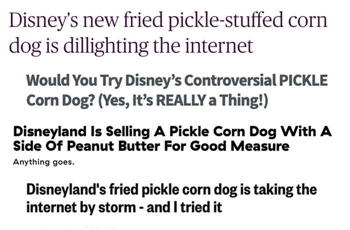 headlines from various websites talking about the pickle corn dog taking the internet by storm