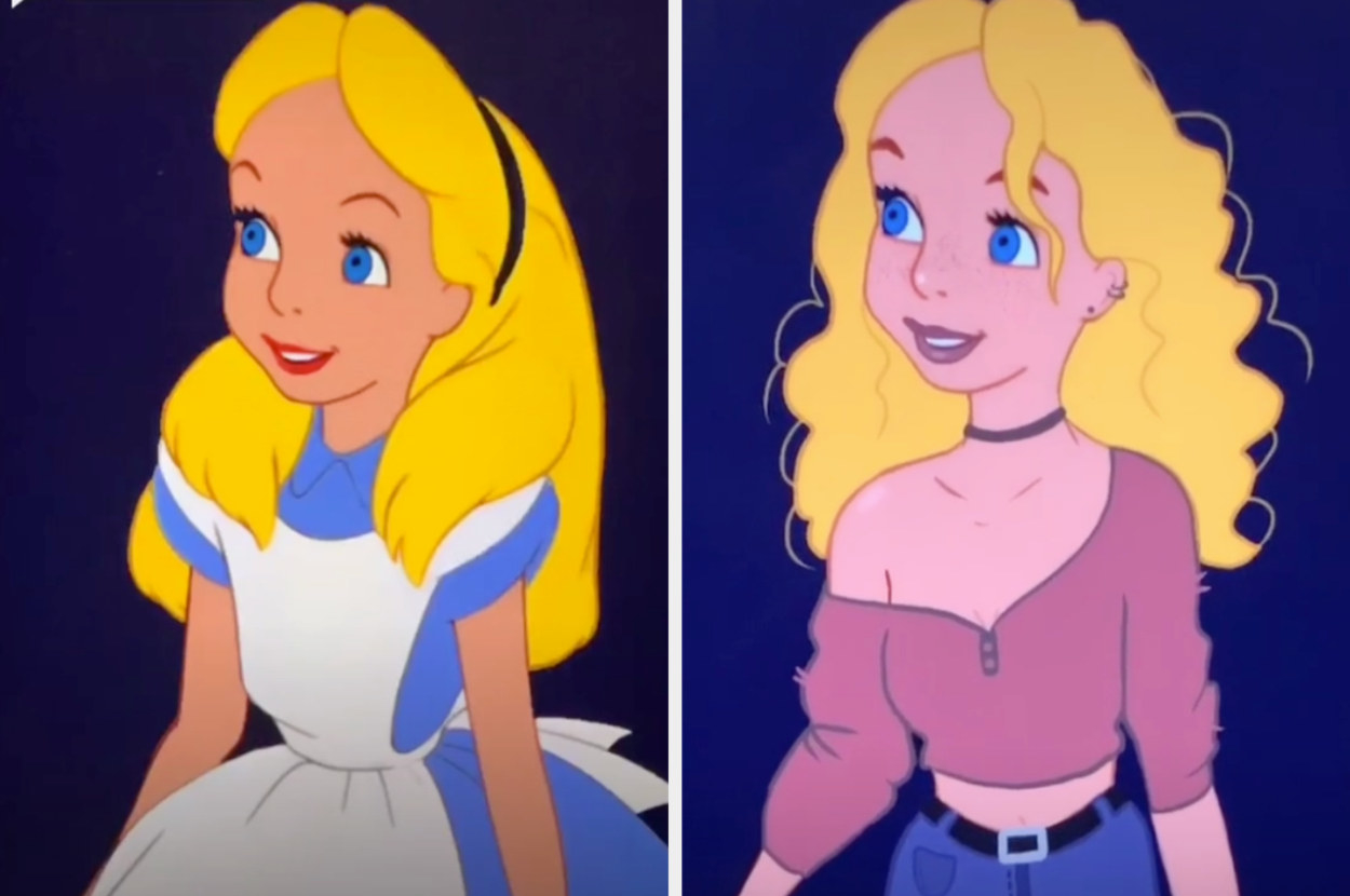 The classic Alice in wonderland side by side with Lexis&#x27; Alice, who&#x27;s wearing mom jeans, a crop. top, and a choker