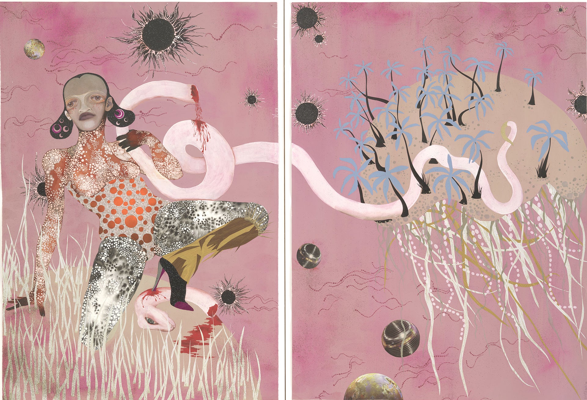 A painting collage in two panels of a woman in heels with tentacles, balls, trees