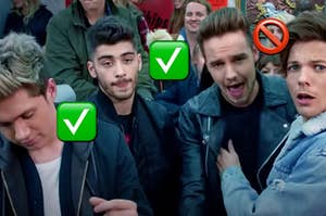 One Direction is labeled with check marks and skip emojis