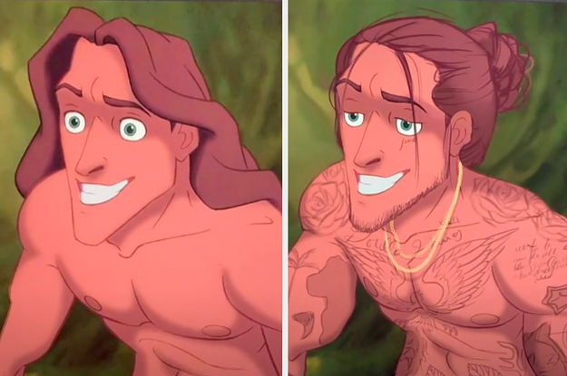 tarzan side by side with tarzan with tattoos, a gold chain, and a man bun