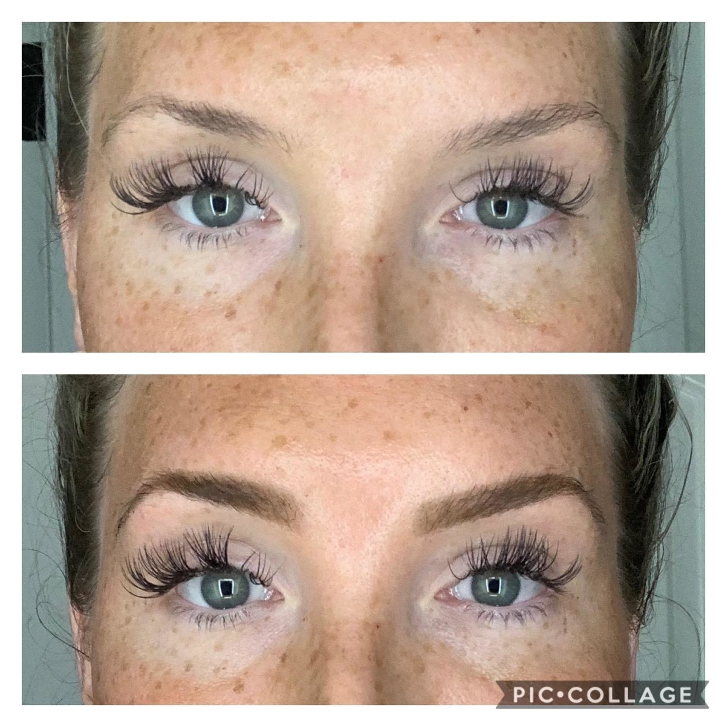 before and after reviewer images; before with very light brown eyebrows, after with medium dark brown eyebrows