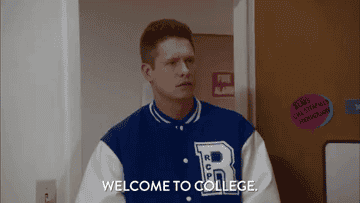 a gif of an actor in a letterman&#x27;s jacket backing out of a dorm room and saying &quot;welcome to college&quot;