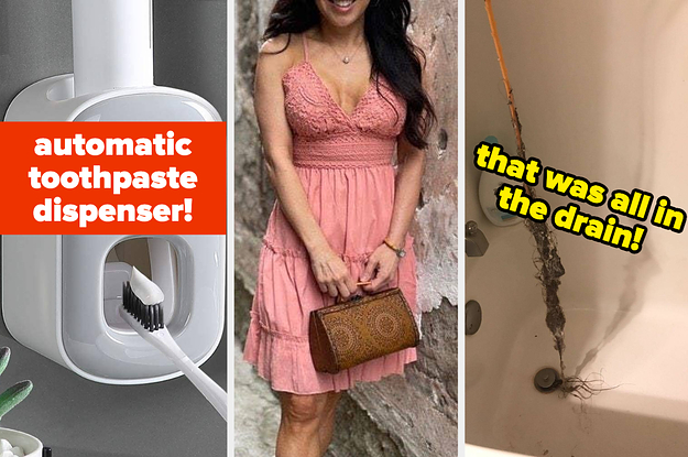 L: automatic toothpaste dispenser M: reviewer wearing lace dress R: drain snake with large chunk of hair on it