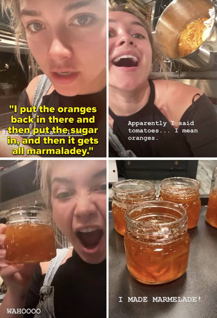 Florence showing off her orange marmalade and explaining how she makes it