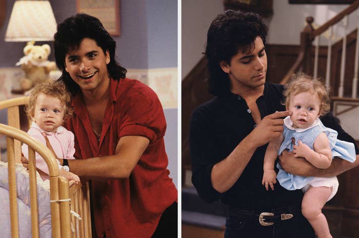 John Stamos on the set of &quot;Full House&quot; with the Olsen twins as Michelle