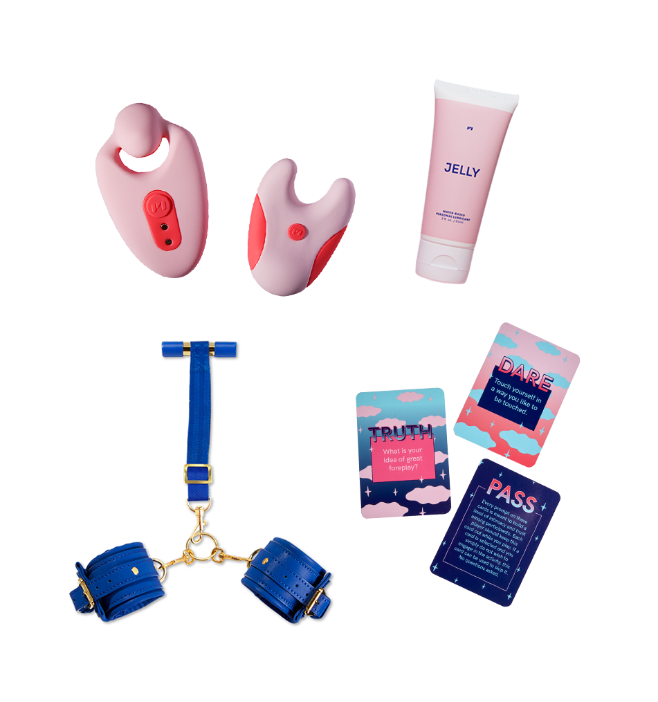 Pink couples&#x27; vibrator and remote, pink bottle of lubricant, blue cuff and choker harness and three truth or dare cards