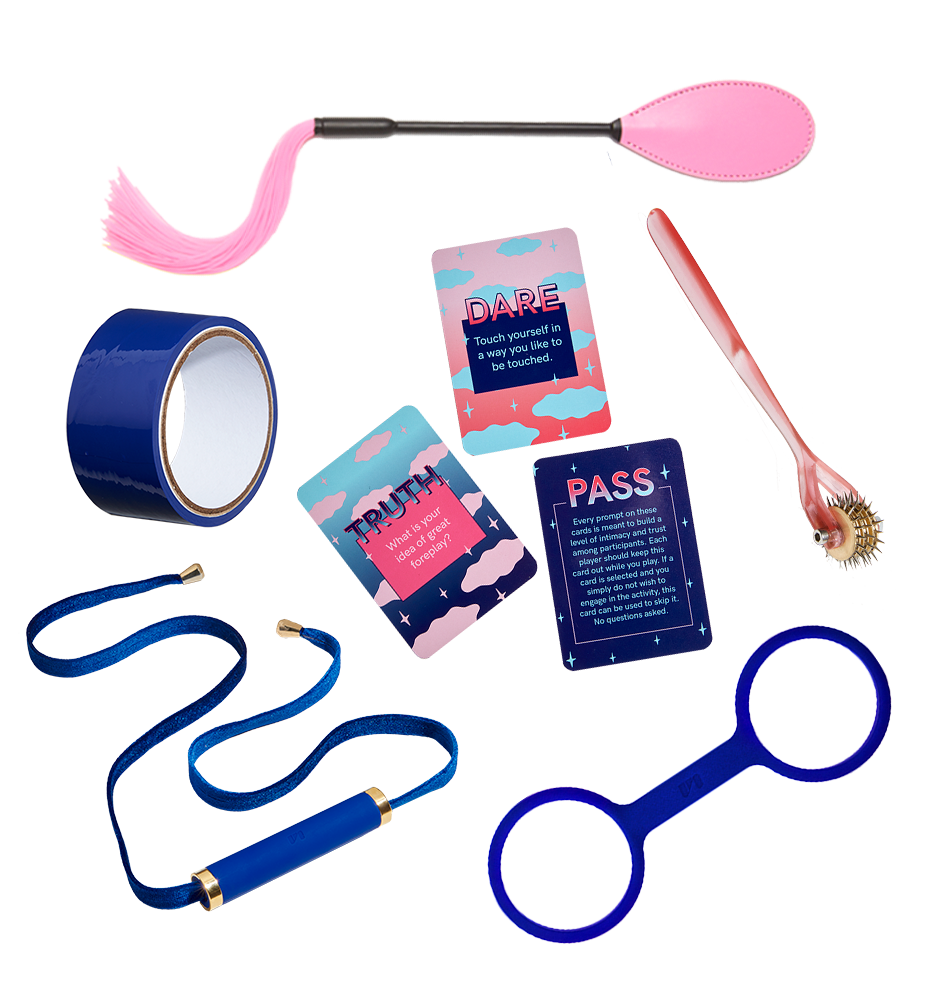 Blue silicone cuffs, blue gag bar, pink paddle, pink sensation, blue bondage tape and three truth or dare cards