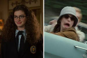 mia in her school uniform on the left and driving her car up the hill on the right