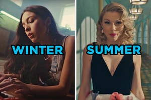 On the left, Olivia Rodrigo in the "Drivers License" music video labeled "winter," and on the right, Taylor Swift in the "Me" music video labeled "summer"